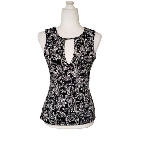 Express Black and White Sleeveless Paisley Print Keyhole Top XSmall - Picture 3 of 11